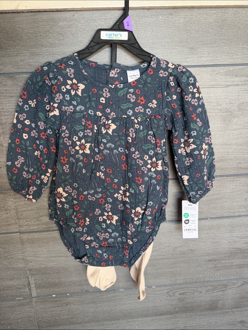 Carter's Charcoal Floral Long-Sleeve Baby Bodysuit with Cream Accents